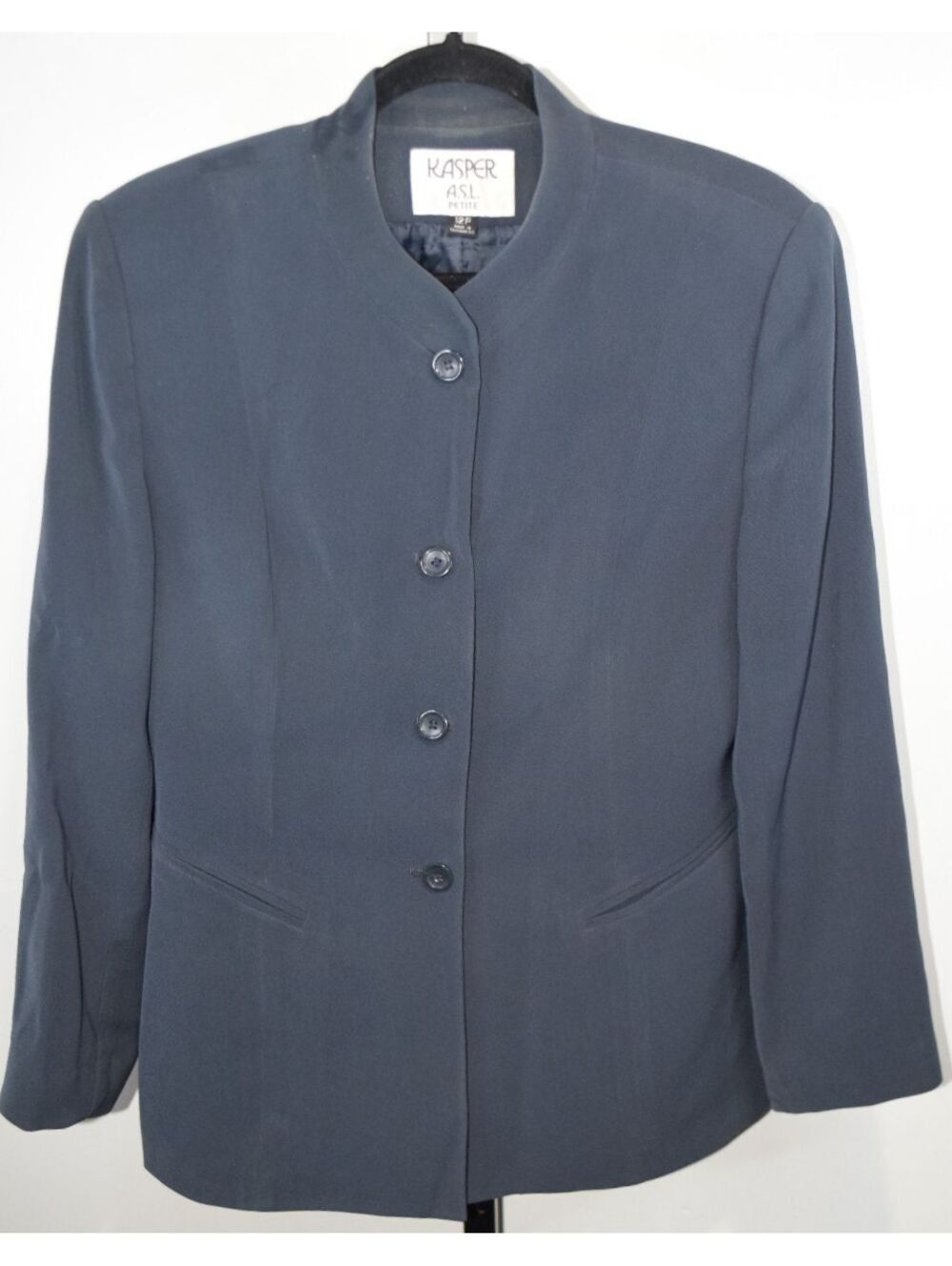 Kasper A.S.L. Petite Vintage 90s Women's 12P Navy Mandarin Collar Blazer Jacket